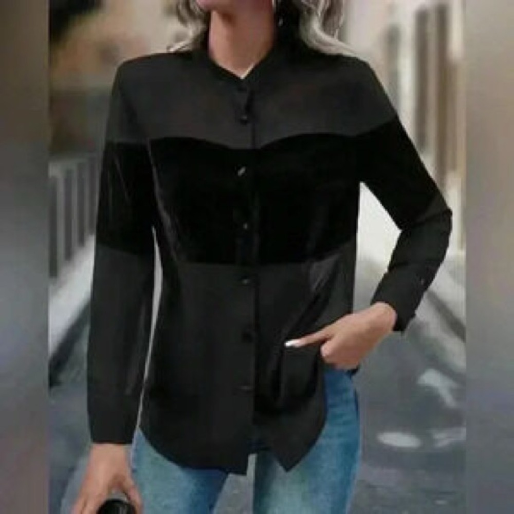 Black Sheer and Suede Button Down Blouse Large